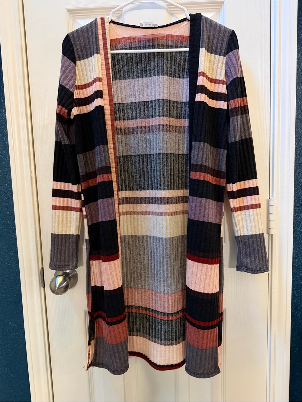 Striped Open-Front Ribbed Cardigan in taupe, Gray & Pink
